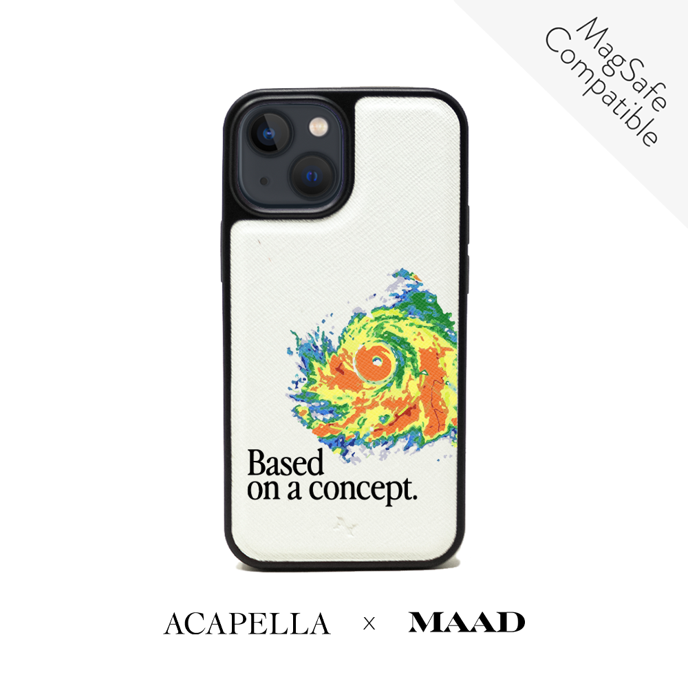 Acapella x MAAD Hurricane White Leather Case for iPhone 13 Mini, featuring vegan saffiano leather and a soft rubber rim.