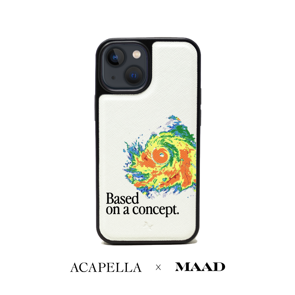 Acapella x MAAD Hurricane White Leather Case for iPhone 13 Mini, featuring vegan saffiano leather and a soft rubber rim.