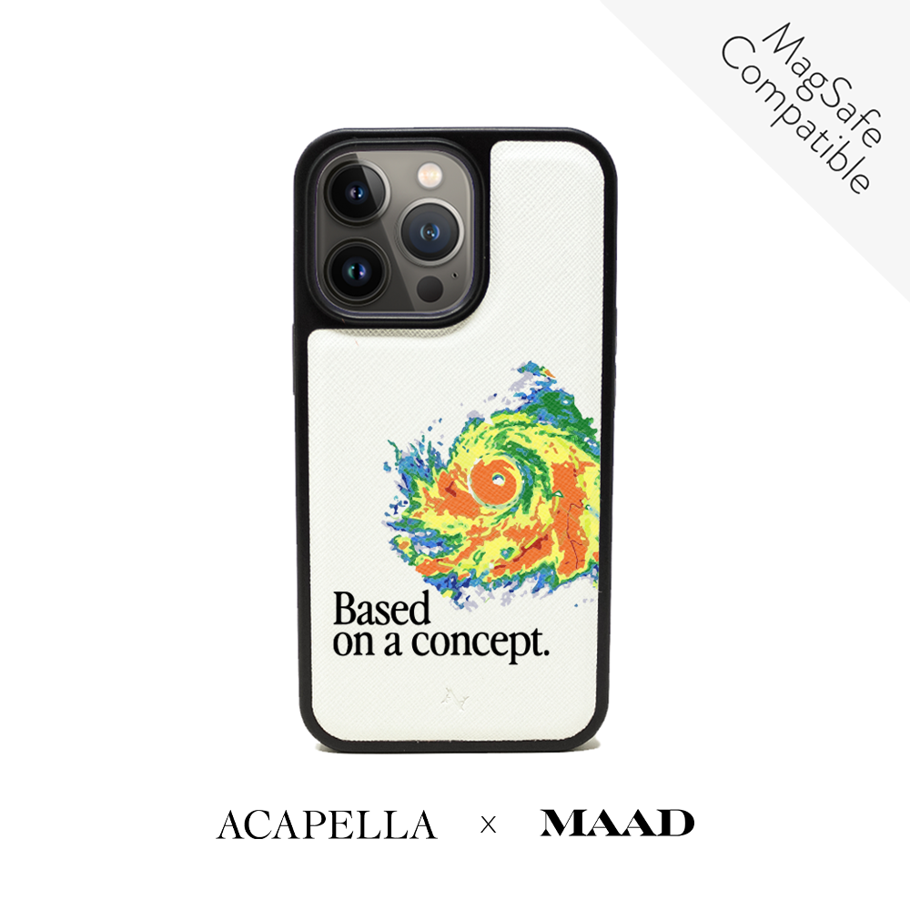 Acapella x MAAD Hurricane White iPhone 13 Pro Leather Case featuring vegan saffiano leather and soft rubber rim.