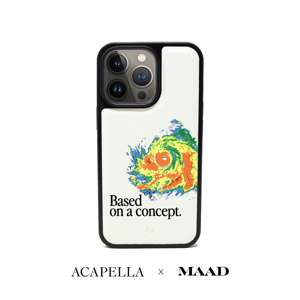 Acapella x MAAD Hurricane White iPhone 13 Pro Leather Case featuring vegan saffiano leather and soft rubber rim.