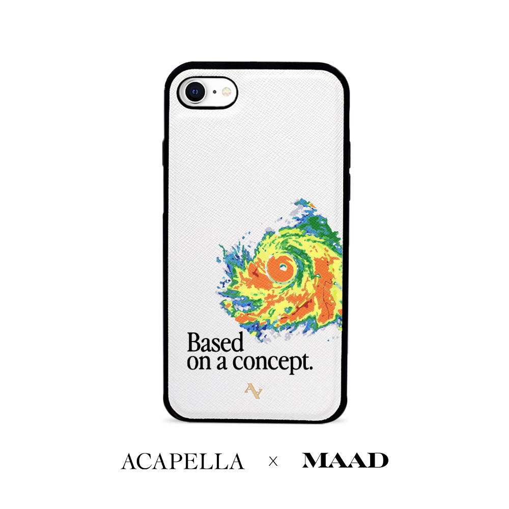 Acapella x MAAD Hurricane leather case for iPhone 7/8/SE in white, featuring saffiano leather and customizable monogram options.