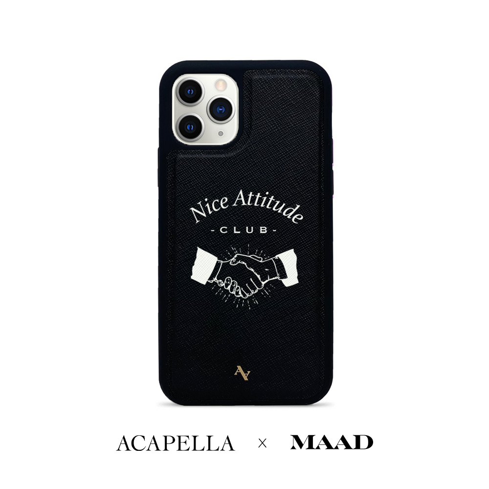 Acapella x MAAD Nice Club Black Leather Case for iPhone 11 Pro, featuring saffiano leather and customizable monogram options.