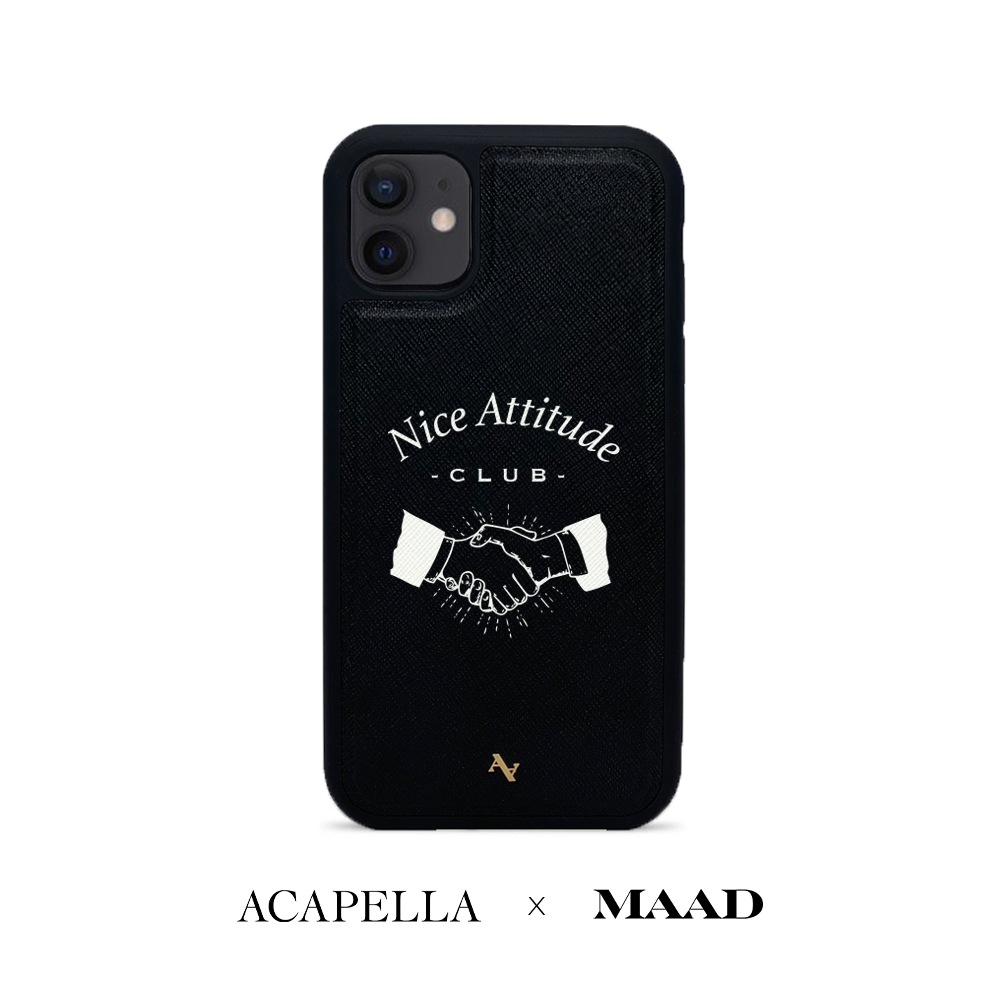 Acapella x MAAD Nice Club Black Leather Case for iPhone 12, featuring saffiano leather and customizable options.