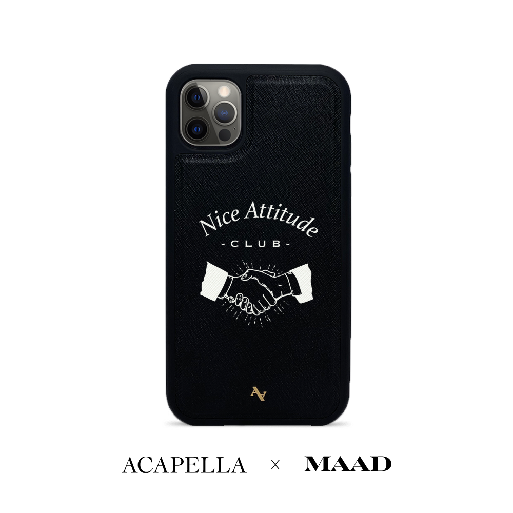 Black leather case for iPhone 12 Pro featuring saffiano texture and soft rubber rim, customizable with monogram.