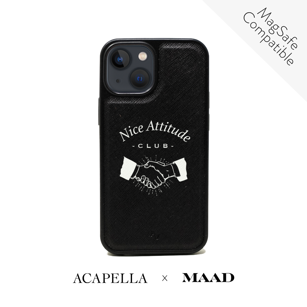 Black vegan leather case for iPhone 13 Mini with soft rubber rim and personalization options.