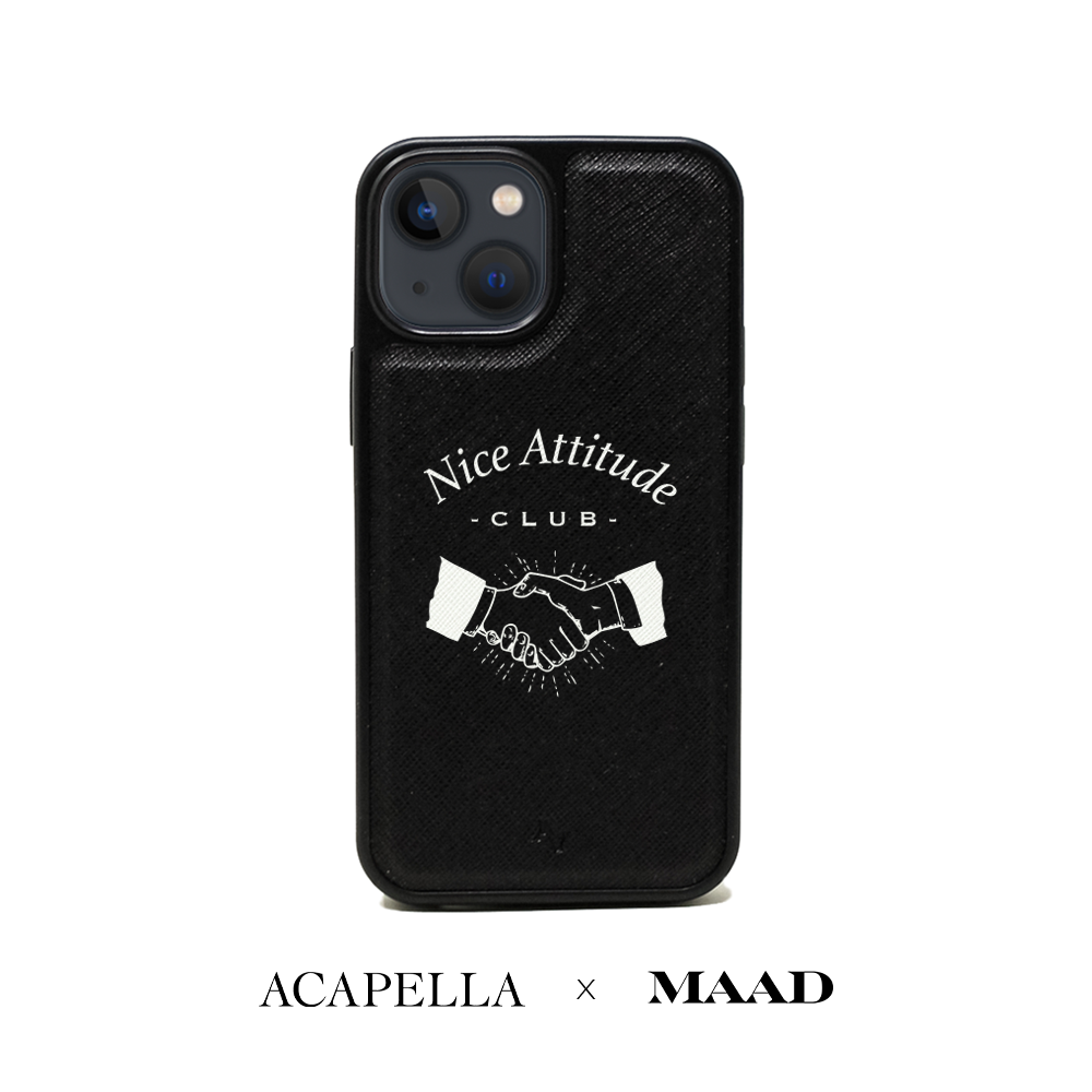 Black vegan leather case for iPhone 13 Mini with soft rubber rim and personalization options.