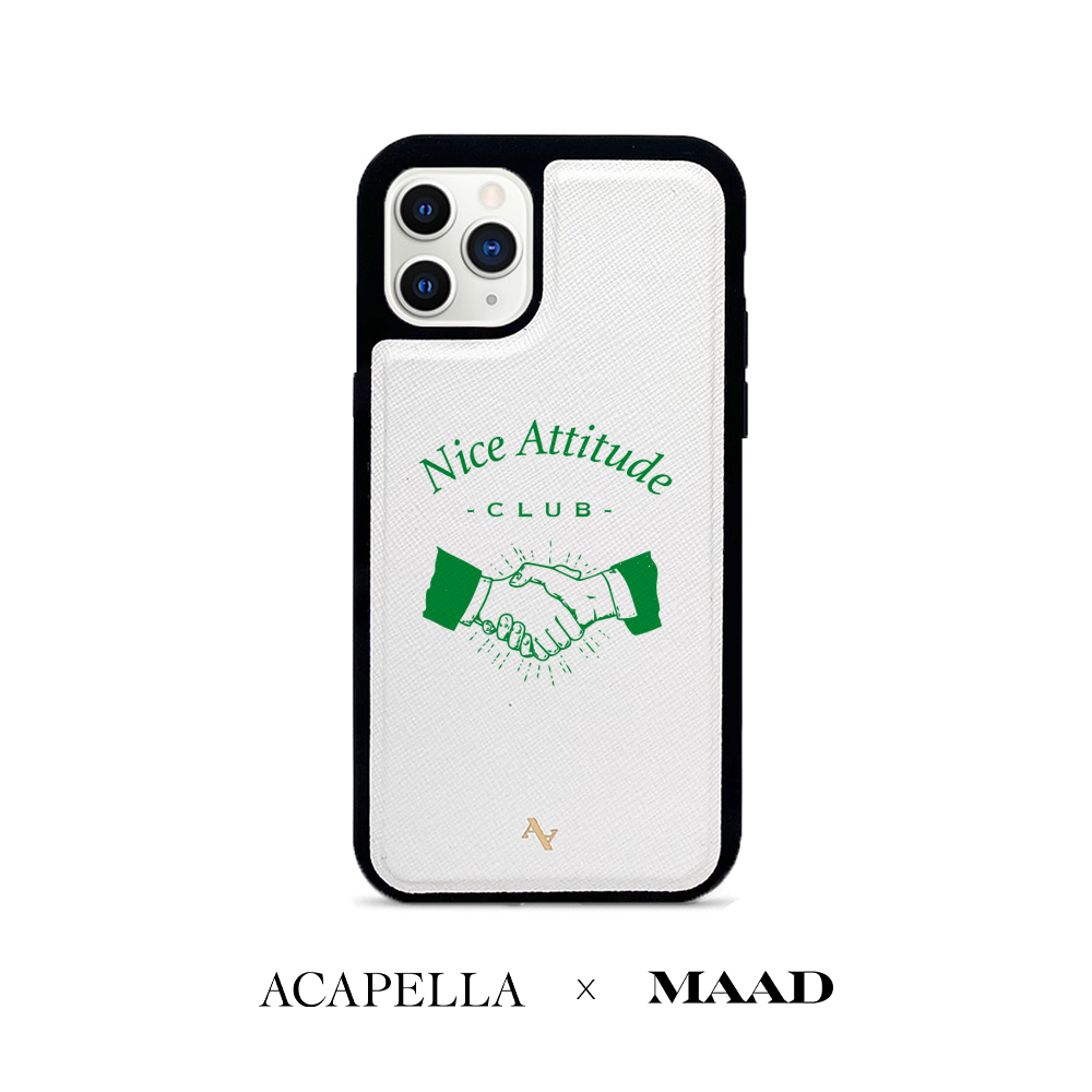 Acapella x MAAD Nice Club White iPhone 11 Pro Leather Case with saffiano leather and rubber rim.