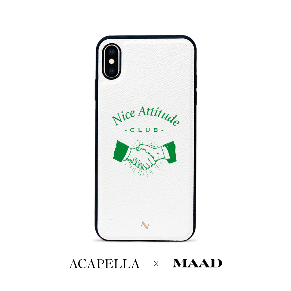 Acapella x MAAD Nice Club white leather case for iPhone XS MAX, featuring saffiano leather and customizable monogram options.