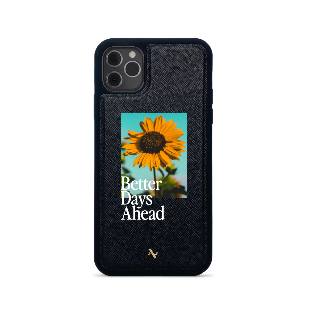 Acapella x MAAD Sunflower leather case for iPhone 11 Pro Max, featuring a vibrant sunflower design and genuine saffiano leather.