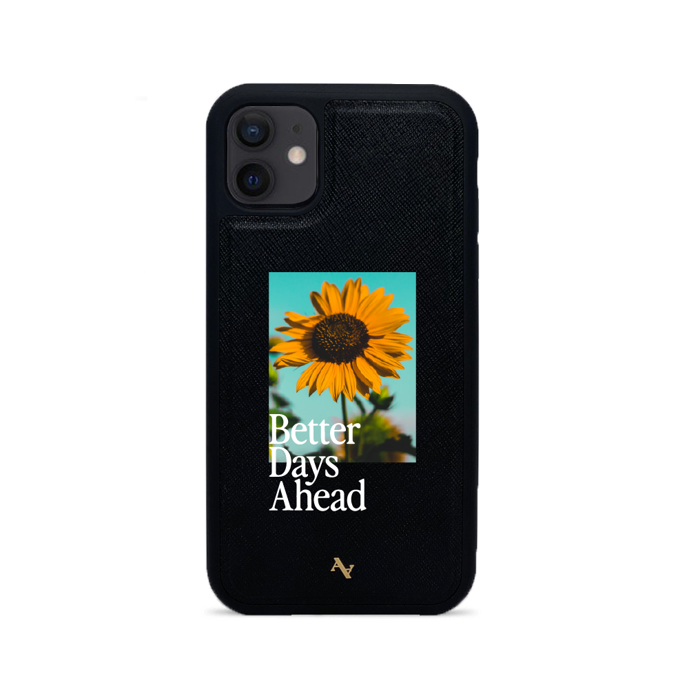 Acapella x MAAD Sunflower Black Leather Case for iPhone 12, featuring saffiano leather and rubber rim.