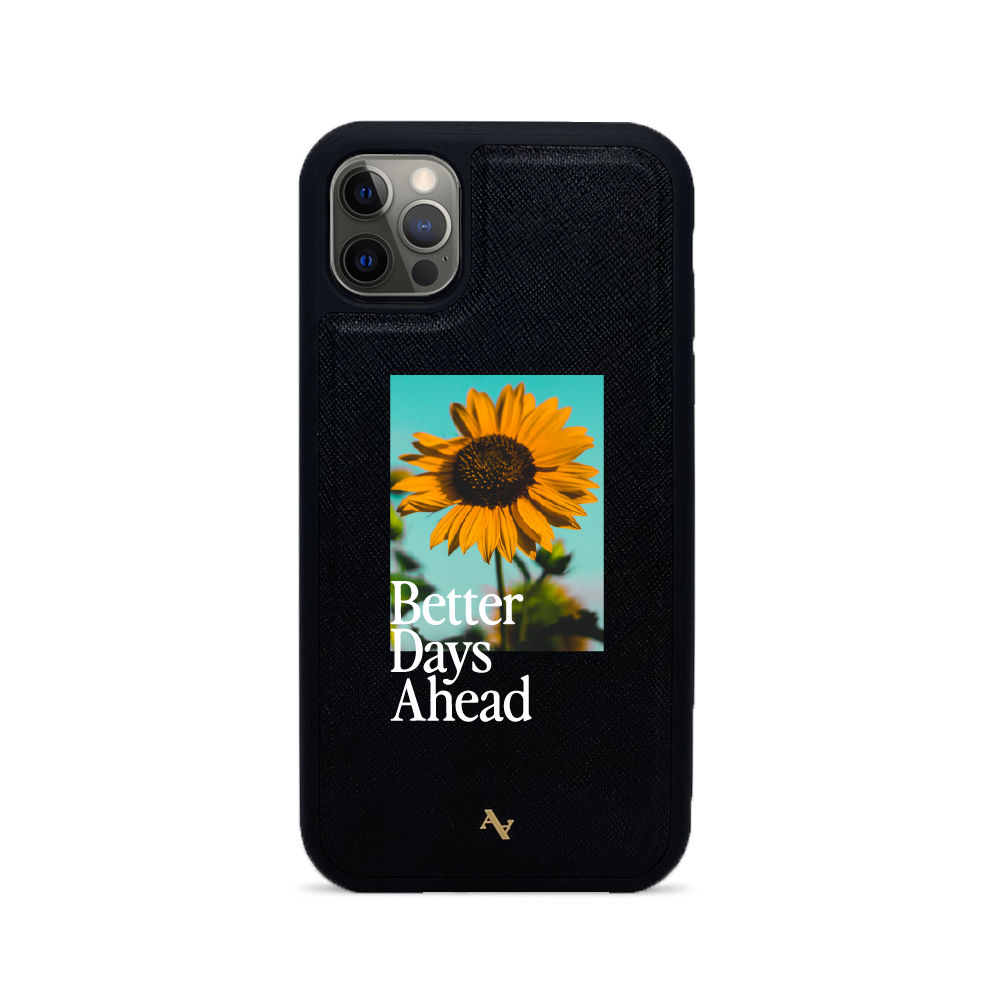 Acapella x MAAD Sunflower Black Leather Case for iPhone 12 Pro, showcasing saffiano leather and soft rubber edges.