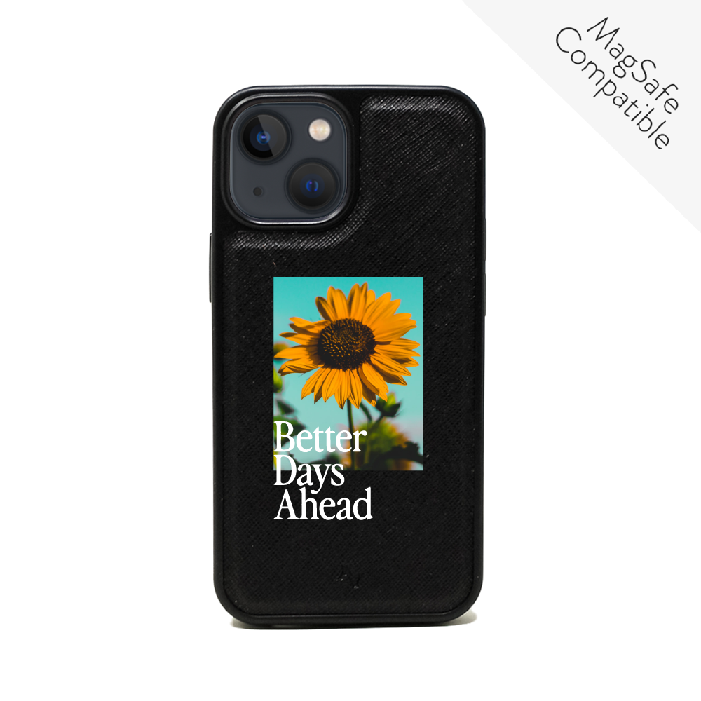 Acapella x MAAD Sunflower Black Leather Case for iPhone 13 Mini, featuring vegan saffiano leather and soft rubber rim.