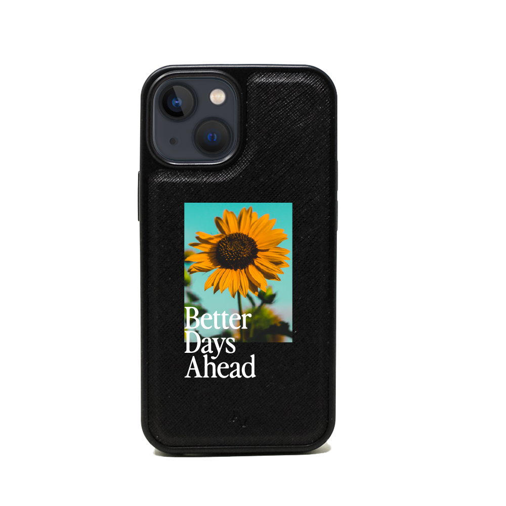 Acapella x MAAD Sunflower Black Leather Case for iPhone 13 Mini, featuring vegan saffiano leather and soft rubber rim.