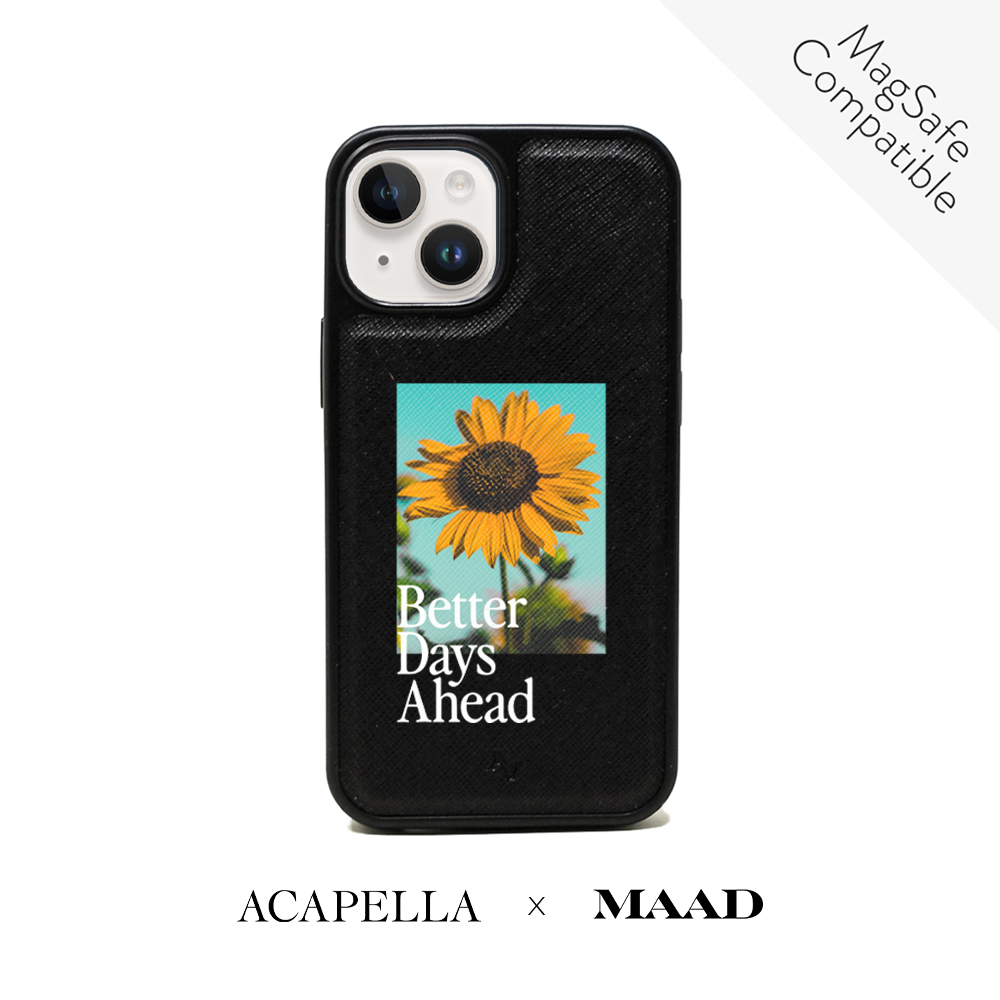 Acapella x MAAD Sunflower Black Leather Case for iPhone 14, featuring vegan saffiano leather and a soft rubber rim.