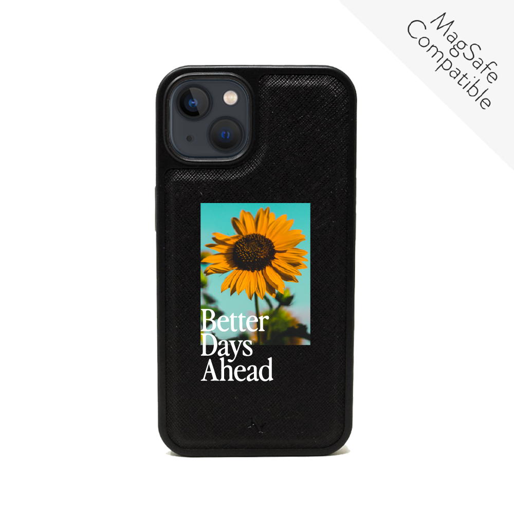 Acapella x MAAD Sunflower Black Leather Case for iPhone 14 Plus, featuring vegan saffiano leather and customizable options.