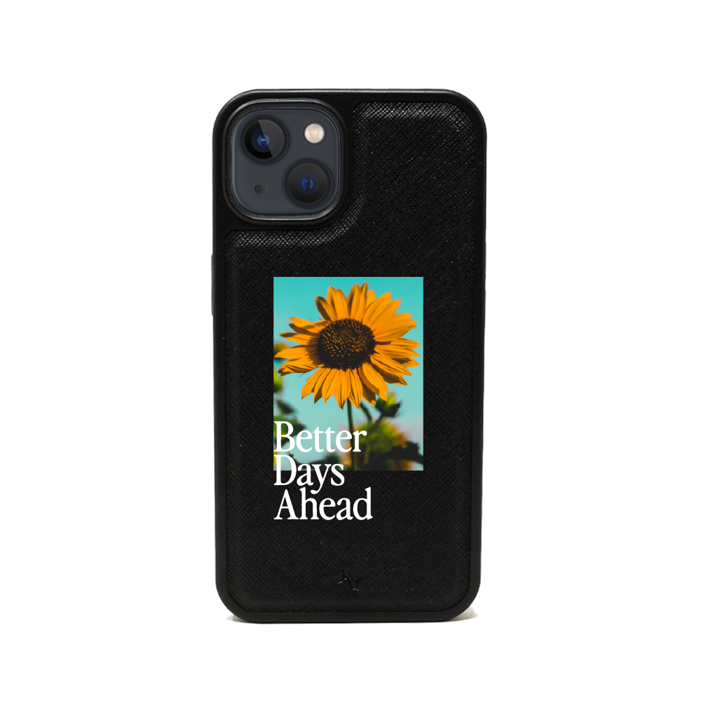 Acapella x MAAD Sunflower Black Leather Case for iPhone 14 Plus, featuring vegan saffiano leather and customizable options.