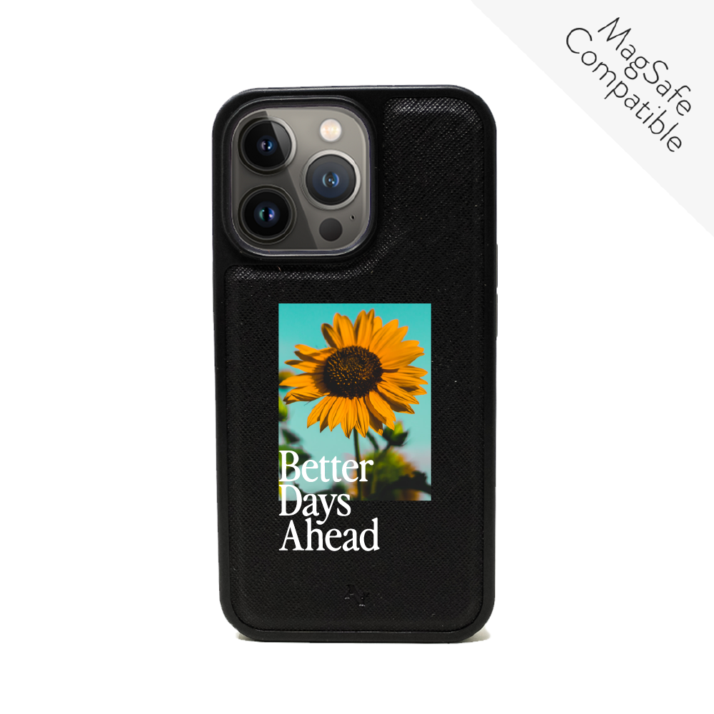 Acapella x MAAD Sunflower Black Leather Case for iPhone 14 Pro, showcasing vegan saffiano leather and customizable design options.