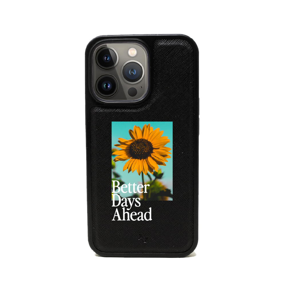 Acapella x MAAD Sunflower Black Leather Case for iPhone 14 Pro, showcasing vegan saffiano leather and customizable design options.