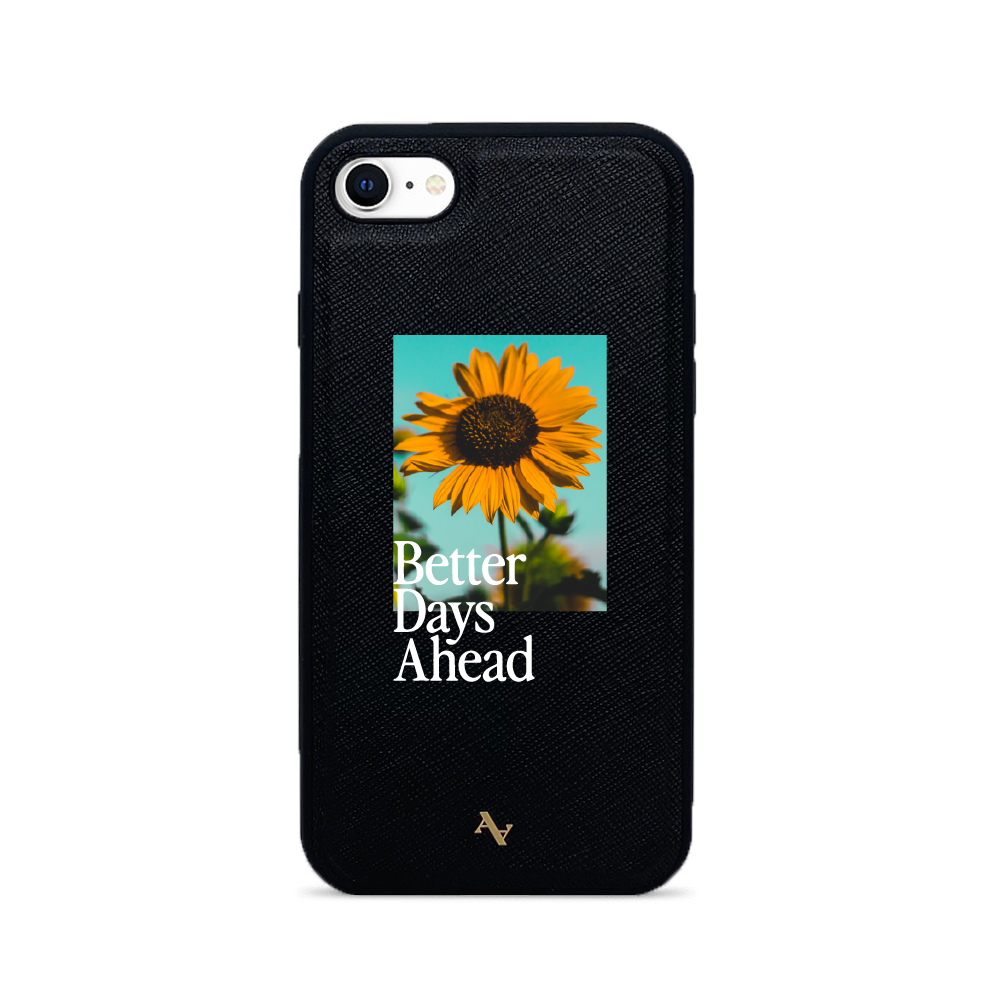 Acapella x MAAD Sunflower leather case for iPhone 7/8/SE, featuring saffiano leather and customizable options.