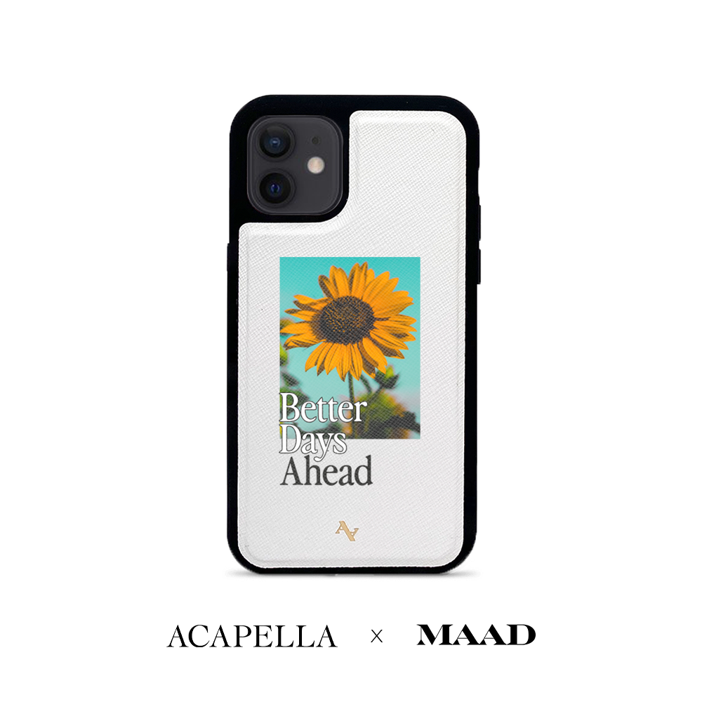 Acapella x MAAD Sunflower White Leather Case for iPhone 12 Mini, featuring saffiano leather and a soft rubber rim.