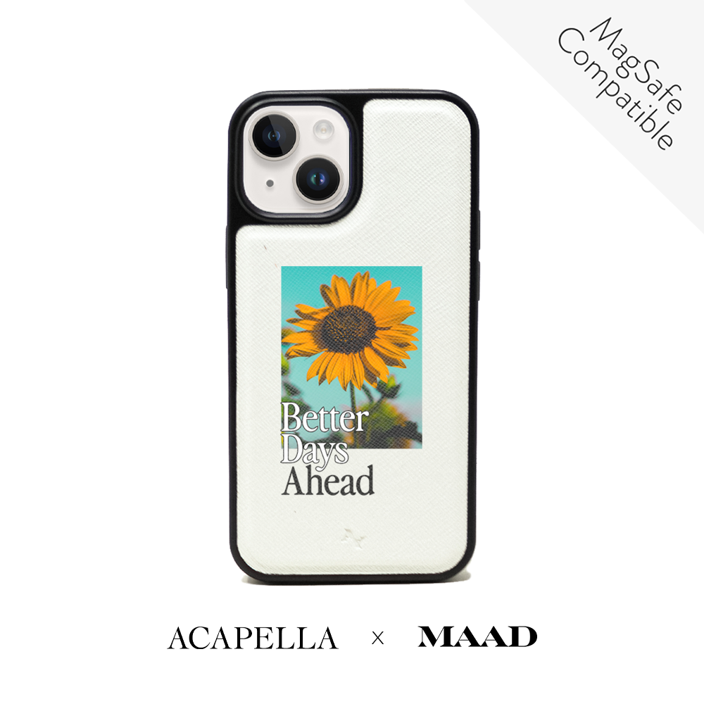 Acapella x MAAD Sunflower White iPhone 14 Leather Case with vegan saffiano leather and soft rubber rim.