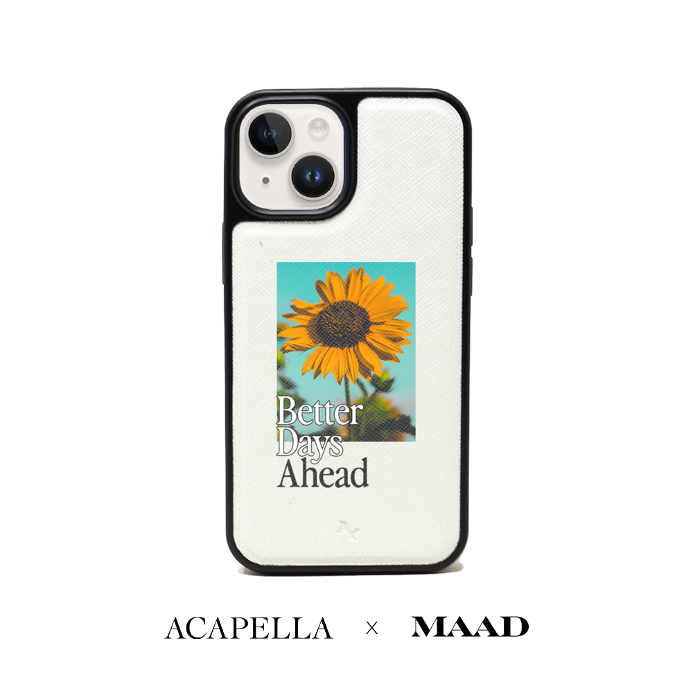 Acapella x MAAD Sunflower White iPhone 14 Leather Case with vegan saffiano leather and soft rubber rim.