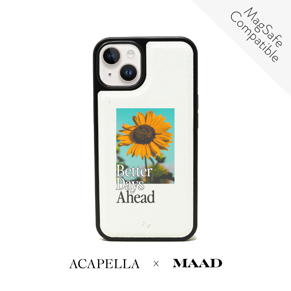 Acapella x MAAD Sunflower White Leather Case for iPhone 14 Plus, featuring vegan saffiano leather and customizable design.