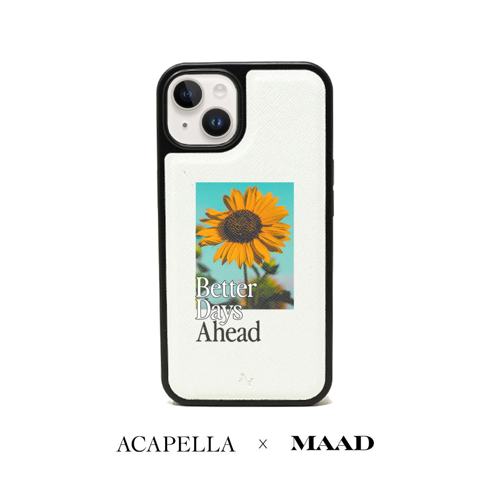 Acapella x MAAD Sunflower White Leather Case for iPhone 14 Plus, featuring vegan saffiano leather and customizable design.