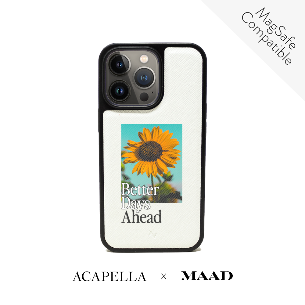 Acapella x MAAD Sunflower White Leather Case for iPhone 14 Pro, featuring vegan saffiano leather and a soft rubber rim.