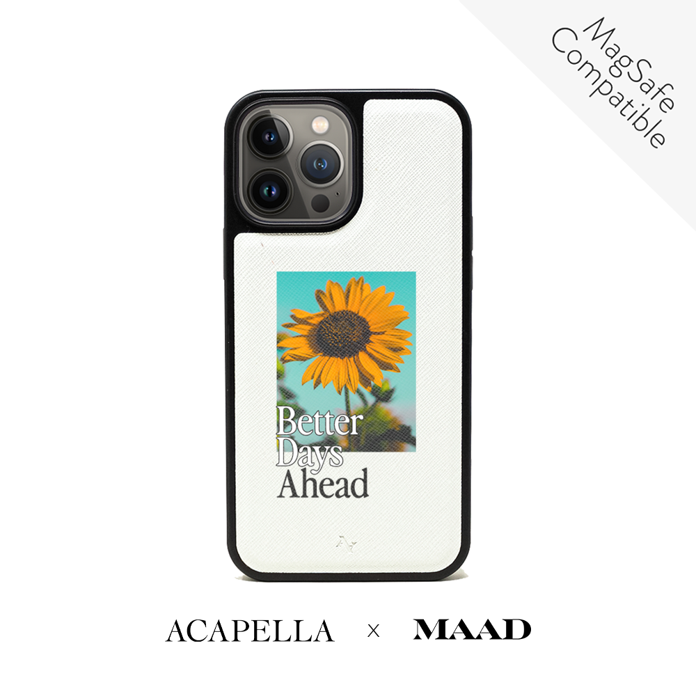 Acapella x MAAD Sunflower White Leather Case for iPhone 14 Pro Max, showcasing vegan saffiano leather and soft rubber rim.