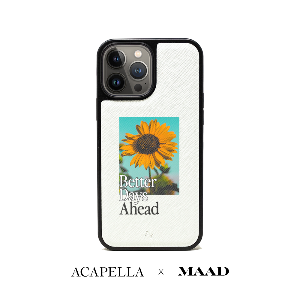 Acapella x MAAD Sunflower White Leather Case for iPhone 14 Pro Max, showcasing vegan saffiano leather and soft rubber rim.