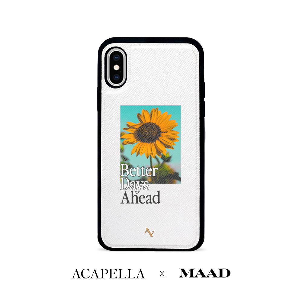 Acapella x MAAD Sunflower leather case for iPhone X/XS, featuring a vibrant sunflower design and genuine saffiano leather.