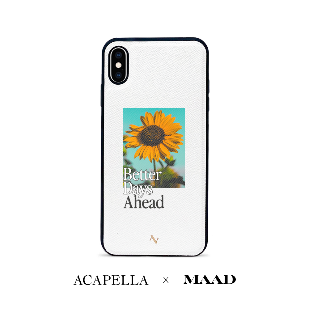 Acapella x MAAD Sunflower leather case for iPhone XS MAX, featuring saffiano leather and customizable monogram options.