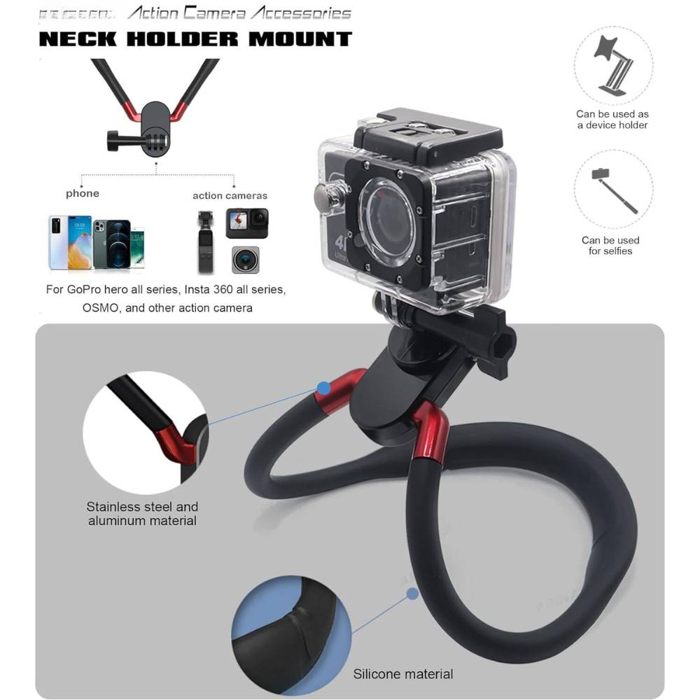 Action Camera Neck Mount Bracket made of soft silicone, designed for hands-free video recording and versatile usage.