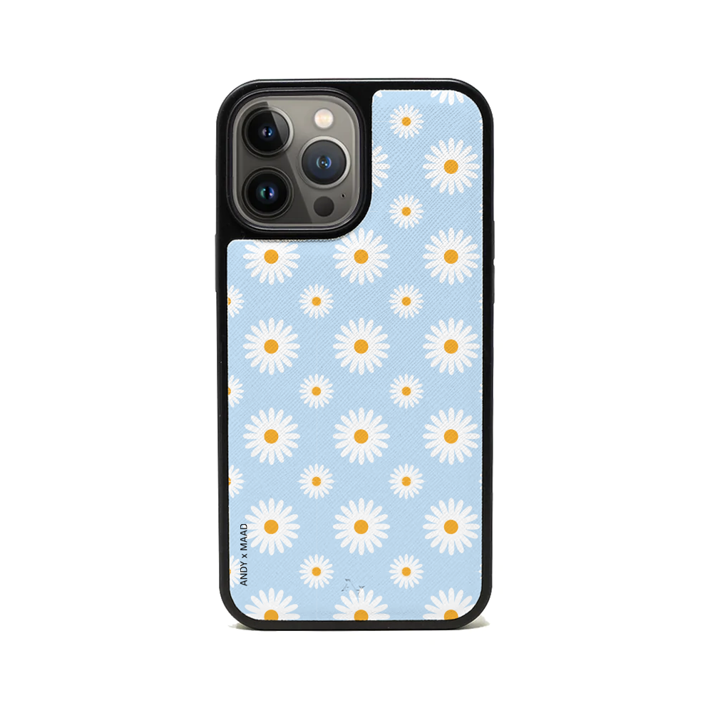 Andy x MAAD Blue Daisies Leather Case for iPhone 13 Pro Max, featuring vegan saffiano leather and a soft rubber rim.