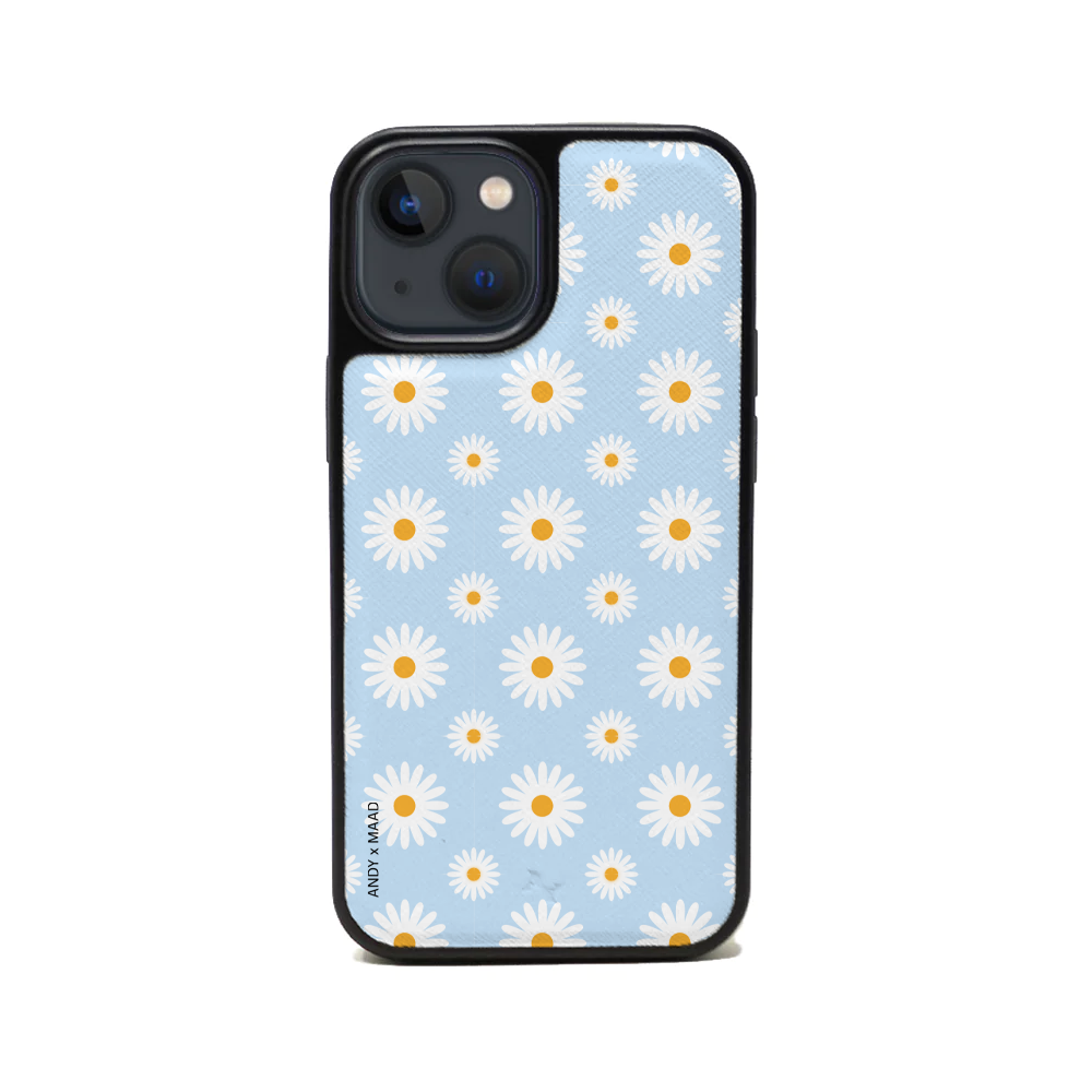 ANDY X MAAD Blue Daisies Leather Case for iPhone 14, featuring vegan saffiano leather and a soft rubber rim for protection.