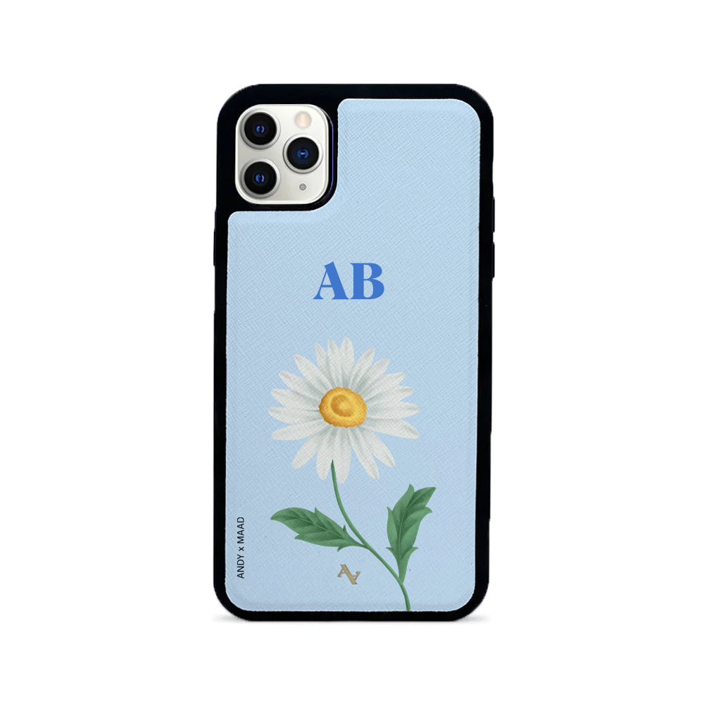 ANDY X MAAD Blue Daisy Leather Case for iPhone 11 Pro, featuring a floral design and soft rubber edges for protection.