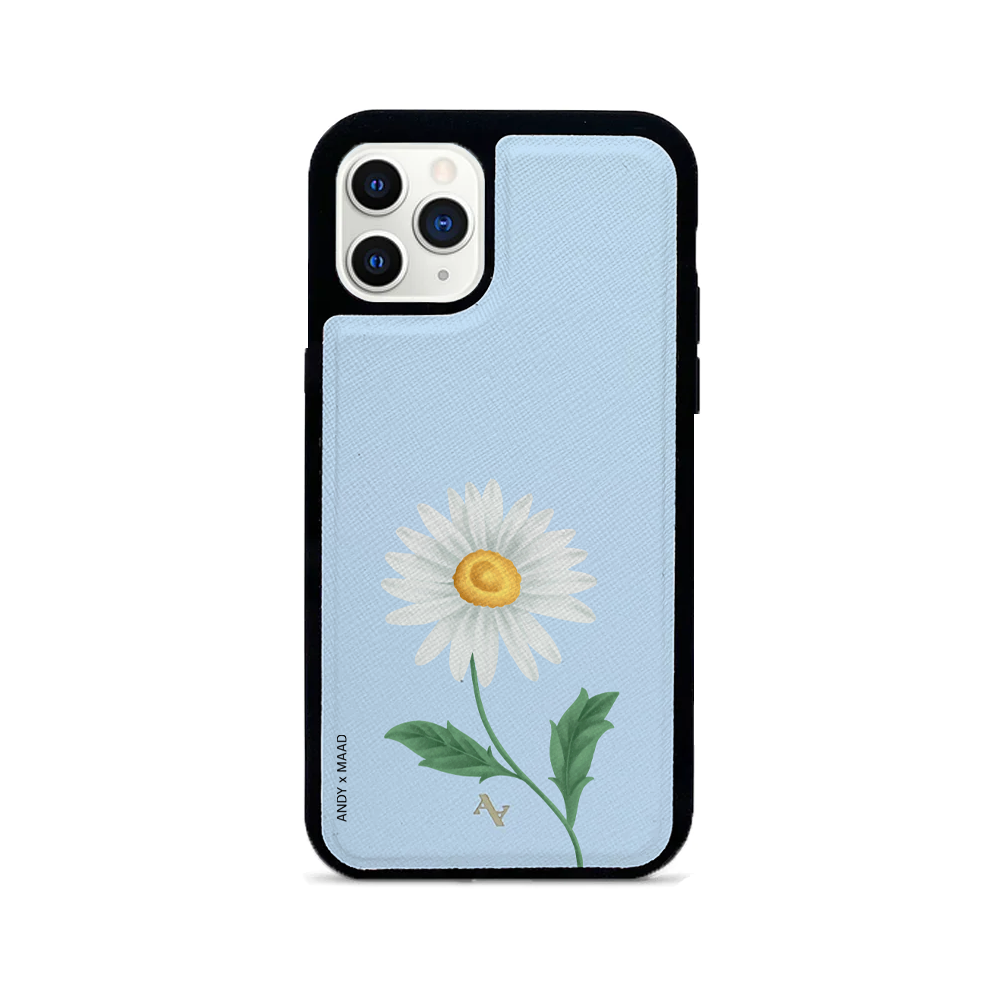 ANDY X MAAD Blue Daisy Leather Case for iPhone 11 Pro, featuring a floral design and soft rubber edges for protection.