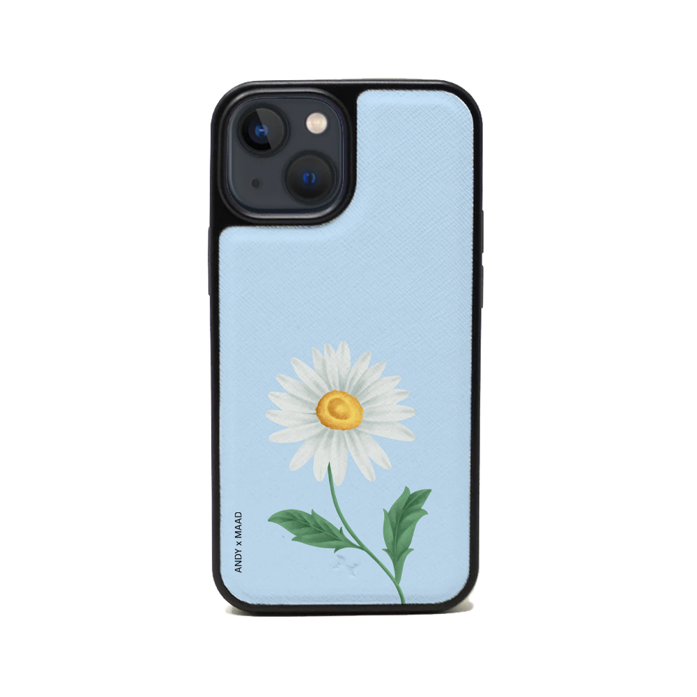 ANDY X MAAD Blue Daisy Leather Case for iPhone 13 Mini, featuring vegan saffiano leather and a soft rubber rim for protection.