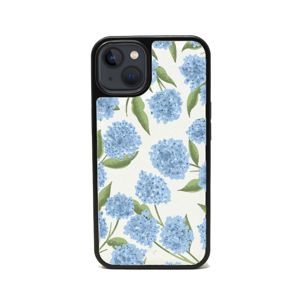 ANDY X MAAD Blue Summer Leather Case for iPhone 13, featuring vegan saffiano leather and a soft rubber rim for protection.