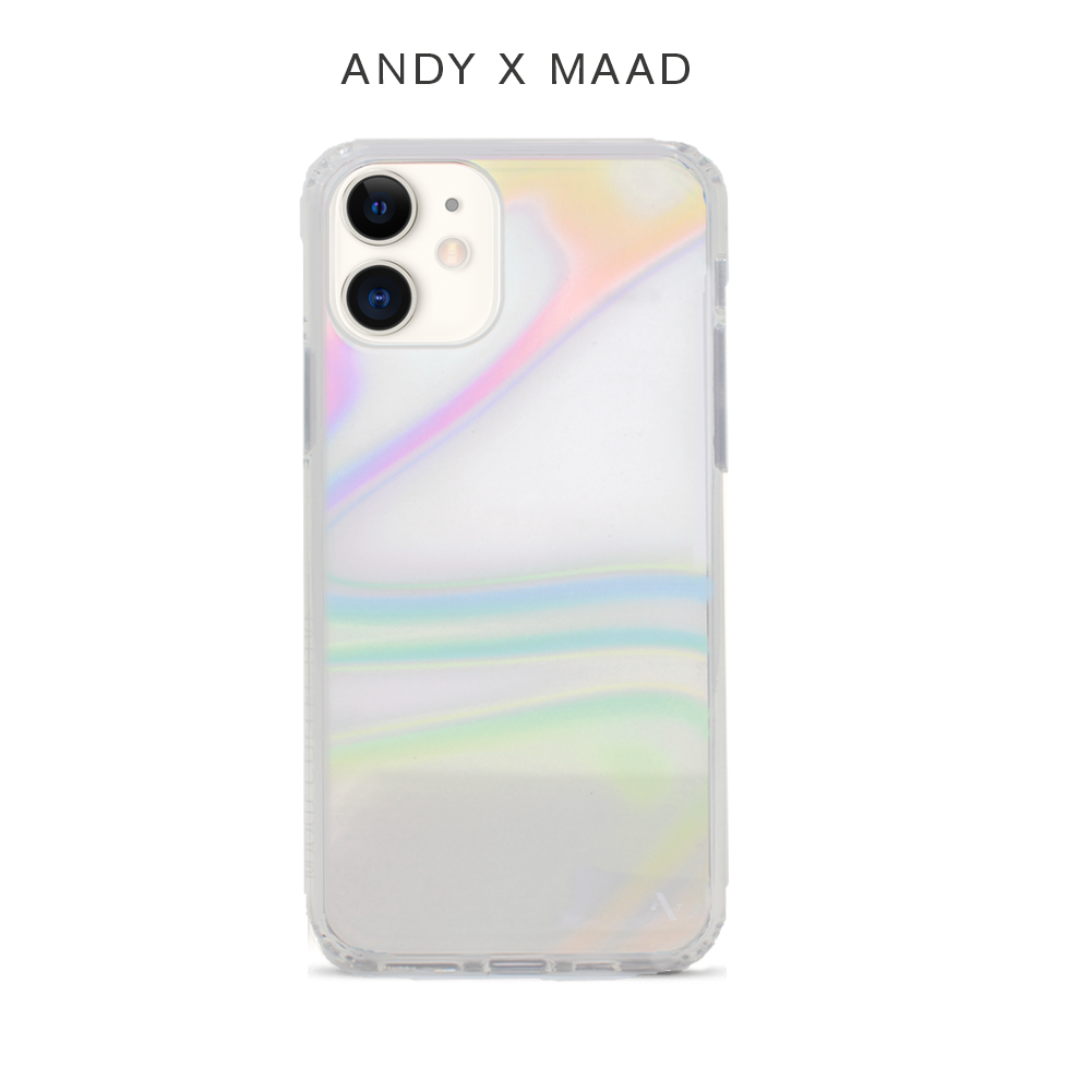 Andy x MAAD iPhone 11 case featuring a holographic finish and included sticker set for personalization.