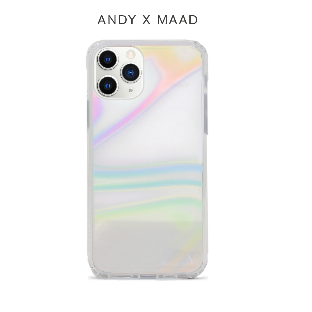 Andy x MAAD iPhone 11 Pro Max case featuring a holographic finish and included sticker set for personalization.