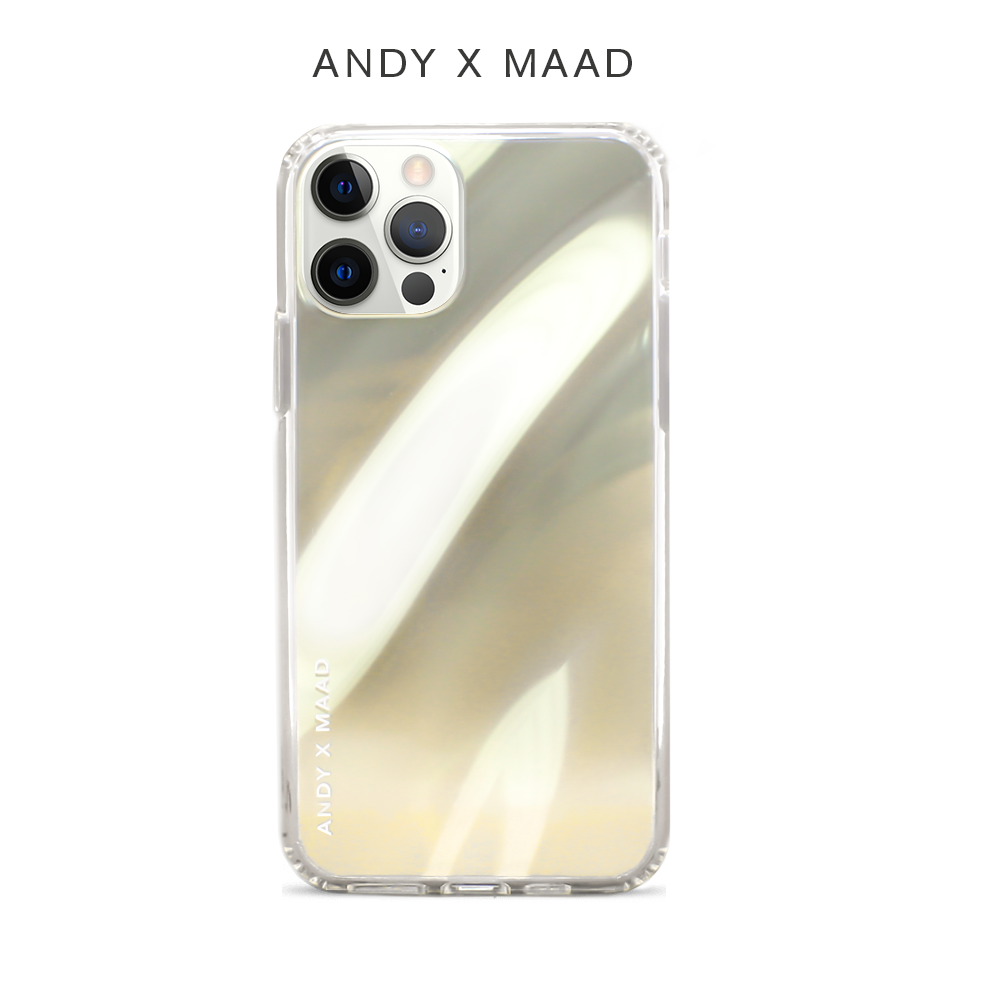 Andy x MAAD iPhone 12 Pro Max case featuring a holographic finish and included sticker set for personalization.