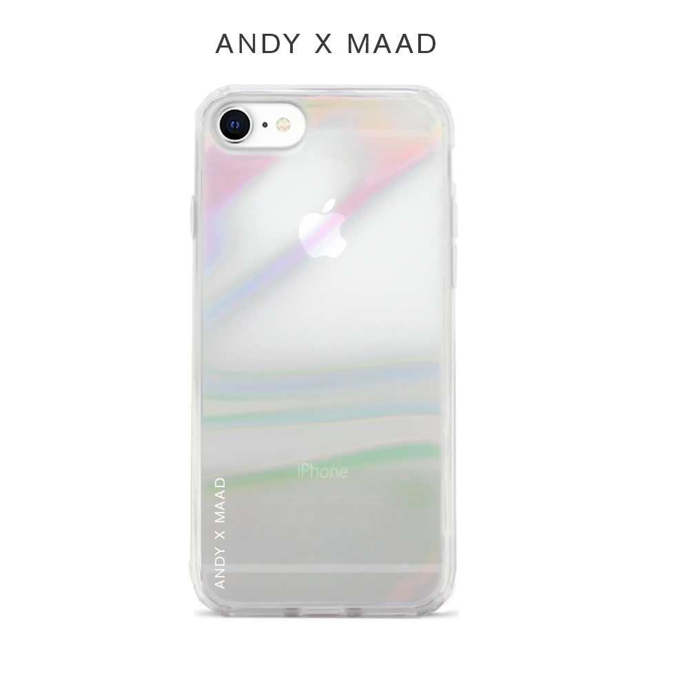 Andy x MAAD iPhone 7/8 case featuring a holographic finish and included sticker set for personalization.