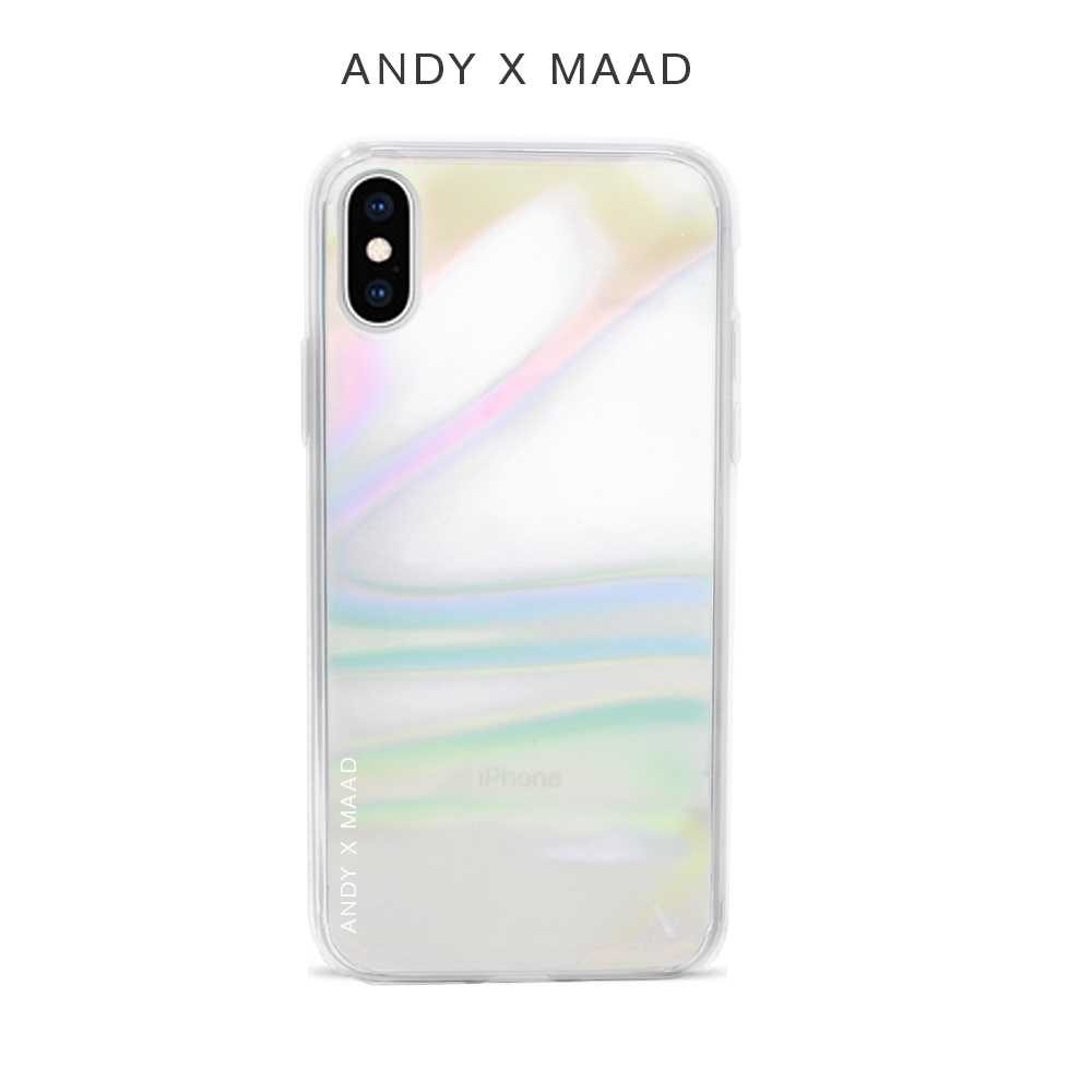 Andy x MAAD iPhone X/XS case featuring a holographic finish and included sticker set for personalization.