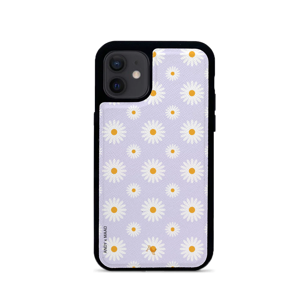 ANDY X MAAD Lilac Daisies Leather Case for iPhone 12 Mini, featuring a floral design and soft rubber rim.