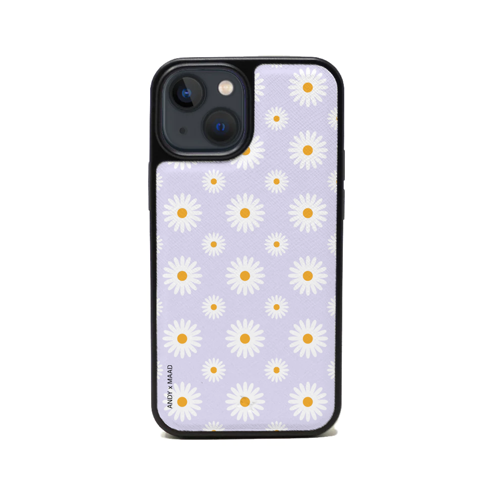 ANDY X MAAD Lilac Daisies Leather Case for iPhone 13 Mini, featuring a floral design and vegan leather material.