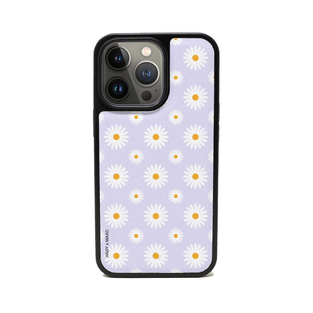 ANDY X MAAD Lilac Daisies iPhone 13 Pro Leather Case featuring vegan saffiano leather and a soft rubber rim for protection.