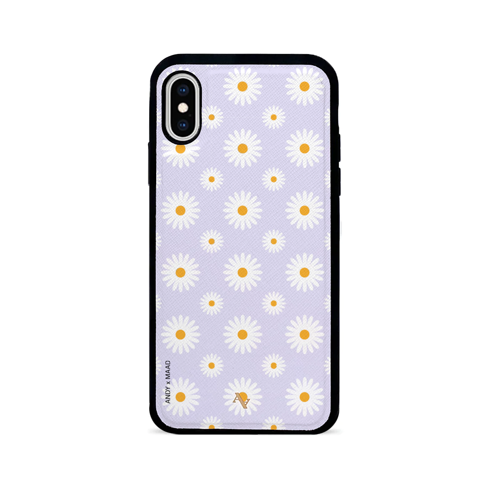 ANDY X MAAD Liliac Daisies Leather Case for iPhone X/XS, featuring a floral design and soft rubber rim for protection.