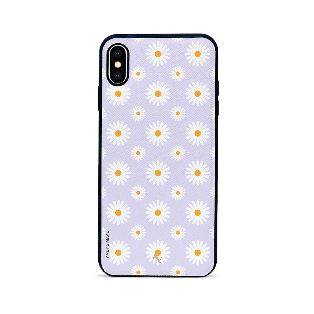 ANDY X MAAD Liliac Daisies Leather Case for iPhone XS Max, featuring saffiano leather and customizable monogram options.